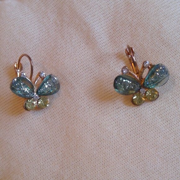Blue-Green Sparkle Butterfly Earrings - Picture 1 of 2